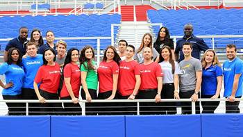 Accounting students in FAU stadium and student resource information