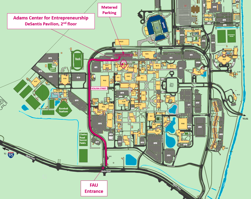 FAU Campus Map with Direction to Adams Center & Parking